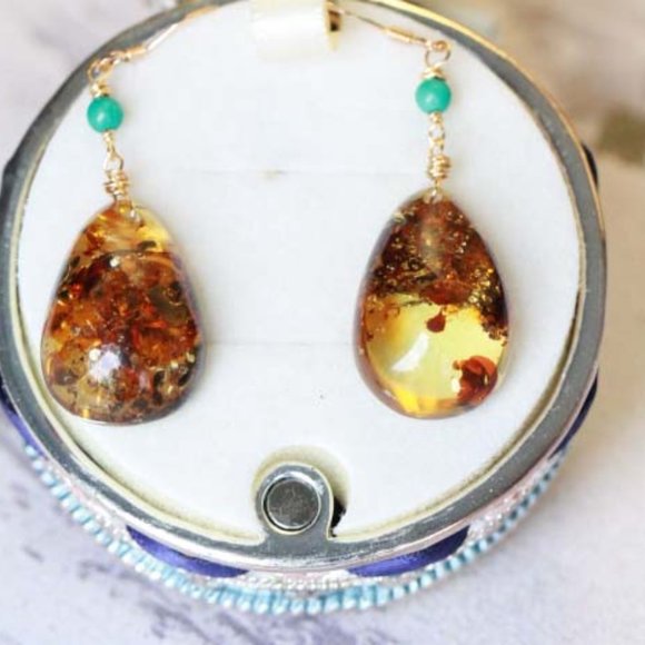 Sterling Silver Natural Baltic Amber Natural Turquoise Stone Earrings for Her - Picture 5 of 7